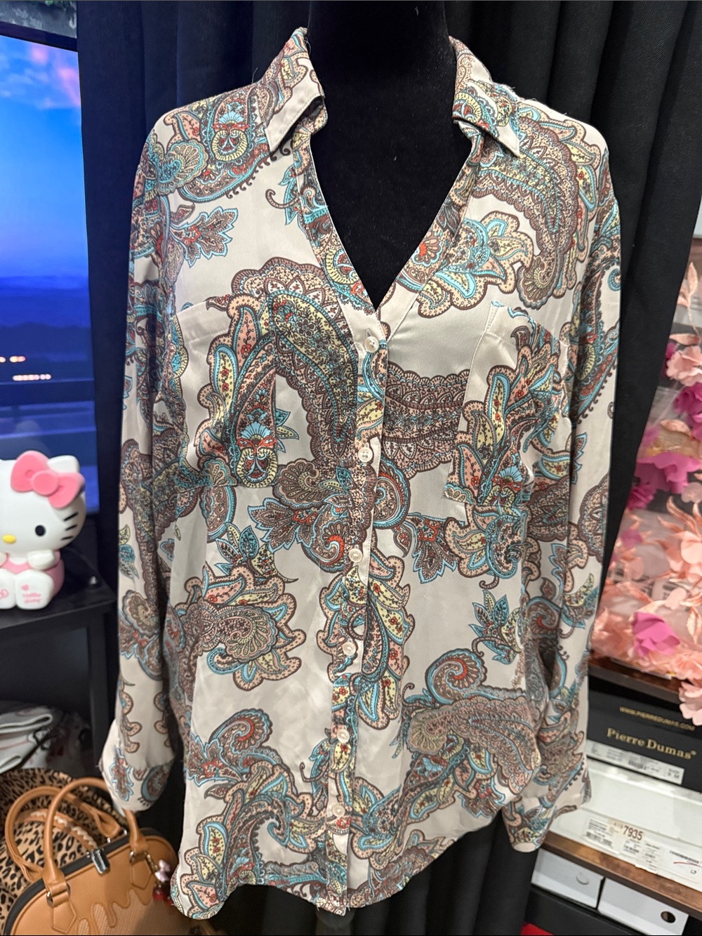 Express Paisley Button-Down Shirt in Beige, Teal and Brown